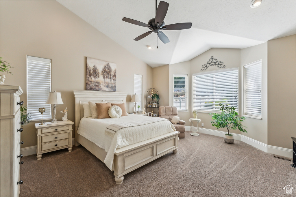 Carpeted bedroom with lofted ceiling and ceiling fan