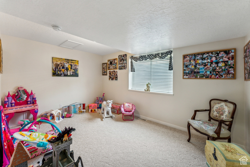 Recreation room featuring carpet flooring and a textured ceiling