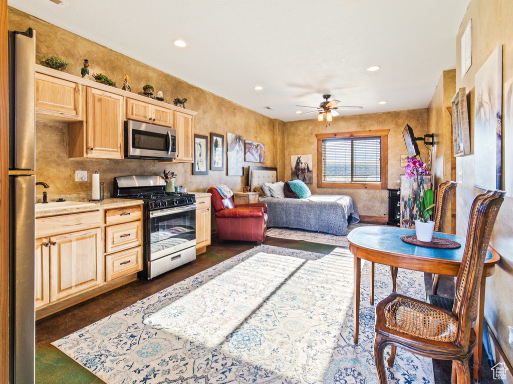 Kitchen with light brown cabinetry, sink, appliances with stainless steel finishes, and ceiling fan