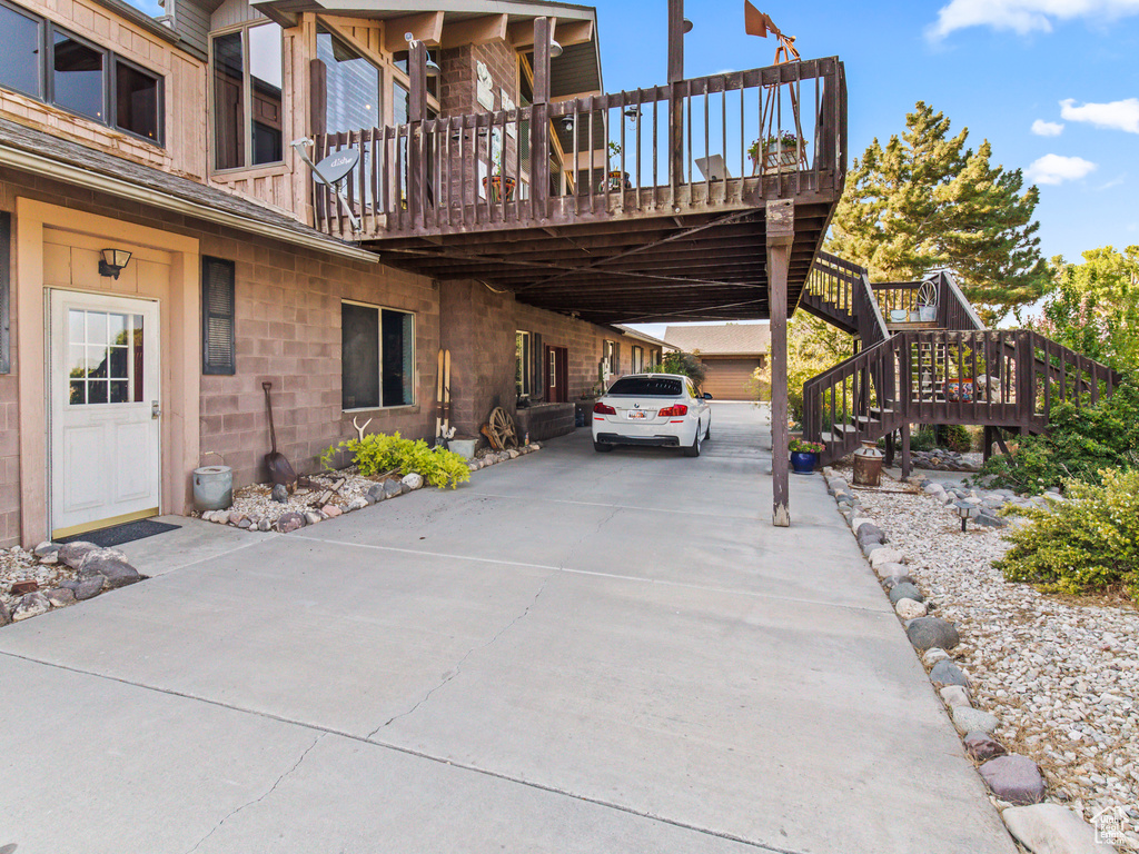 Exterior space with a wooden deck