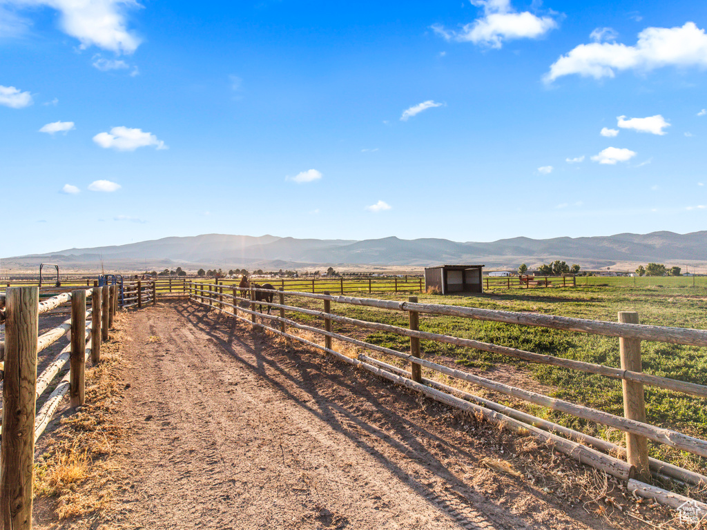 View of yard with a mountain view and a rural view