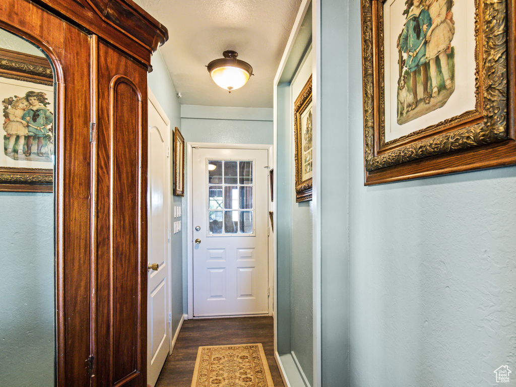 Hallway with dark hardwood / wood-style floors