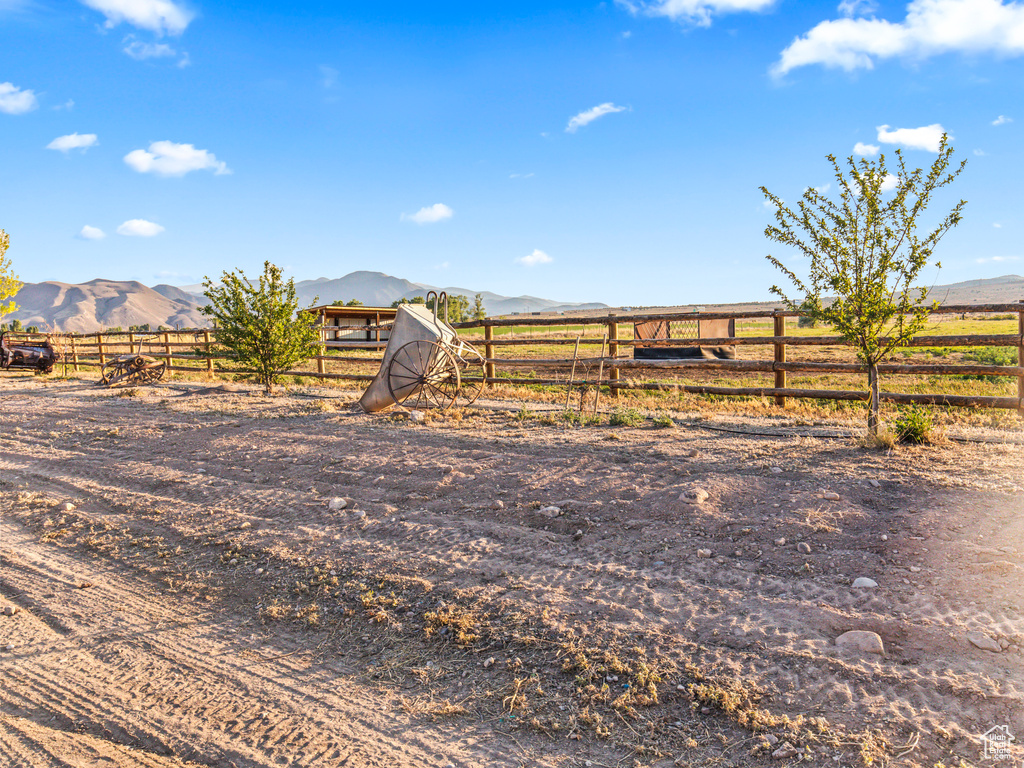 View of yard with a mountain view and a rural view