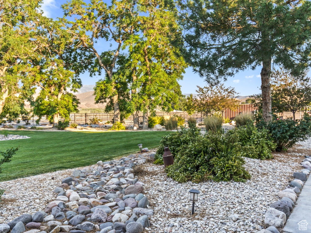 Exterior space with a mountain view and a yard