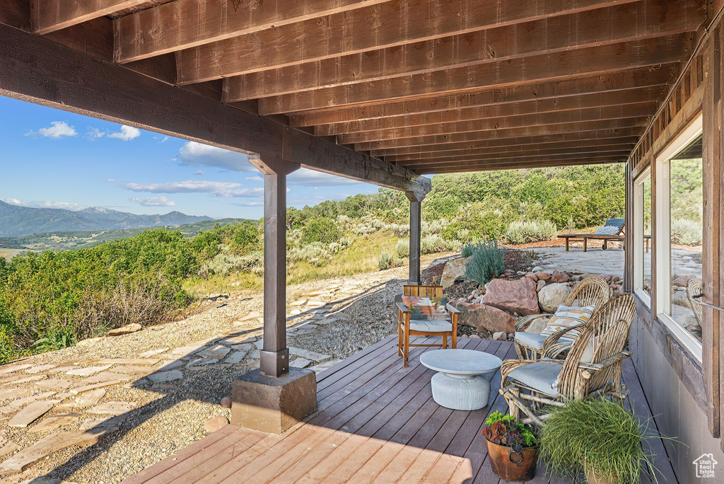 Wooden deck with a mountain view