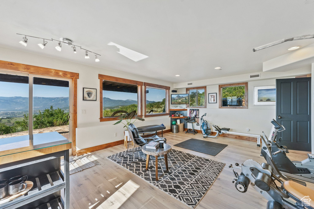 Interior space with a mountain view, light hardwood / wood-style flooring, a skylight, and track lighting