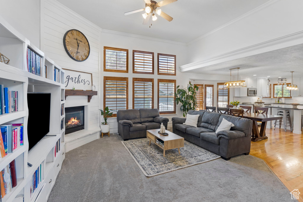 Living room with a fireplace, wood-type flooring, ceiling fan with notable chandelier, ornamental molding, and a towering ceiling