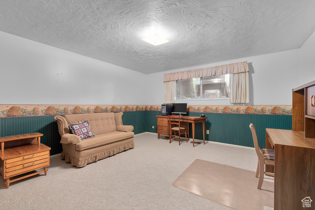 Office space with carpet floors and a textured ceiling