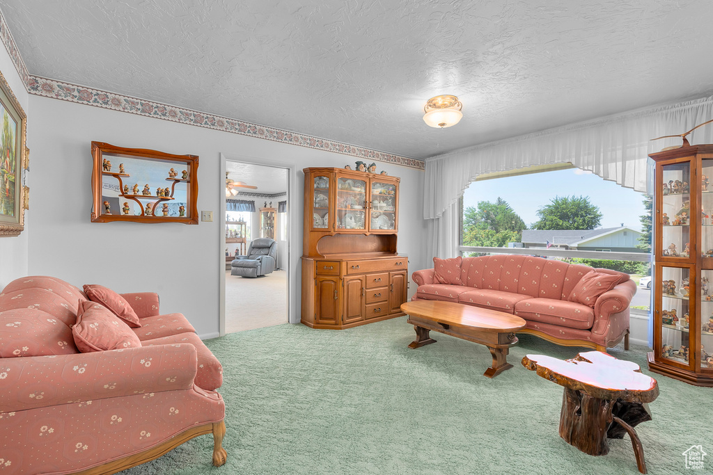 Carpeted living room featuring a textured ceiling