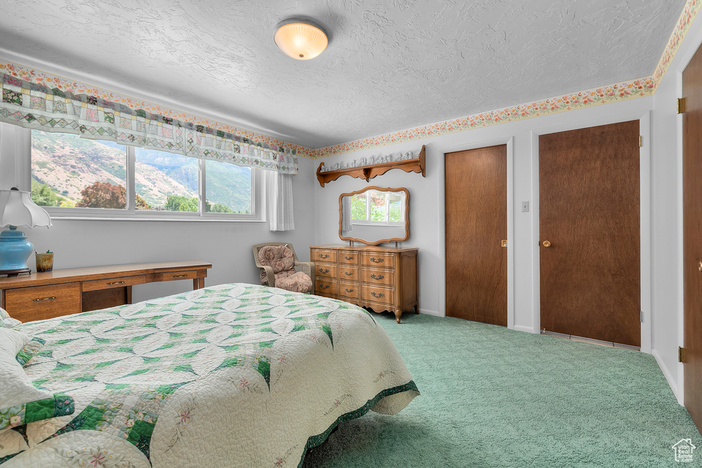 Bedroom with two closets, carpet floors, and a textured ceiling