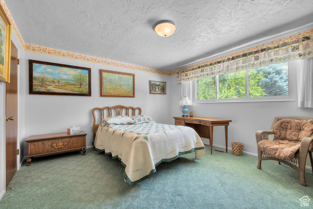 Bedroom featuring carpet and a textured ceiling