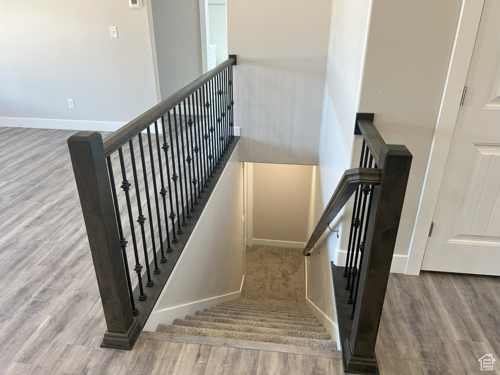 Staircase featuring wood-type flooring