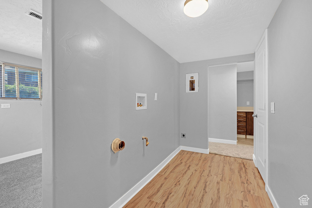 Laundry area featuring light carpet, a textured ceiling, hookup for an electric dryer, and washer hookup