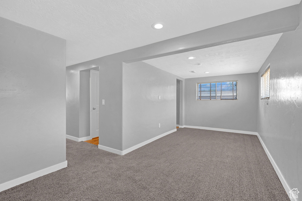 Basement featuring carpet and a textured ceiling