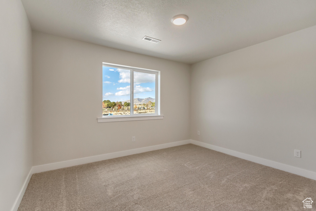 Empty room featuring carpet and a textured ceiling