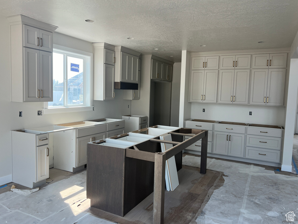 Kitchen with a textured ceiling and gray cabinetry