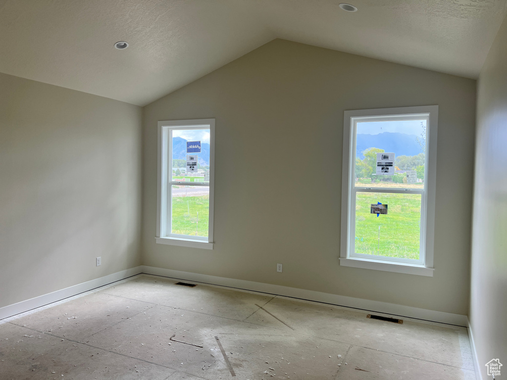 Spare room with a wealth of natural light and vaulted ceiling