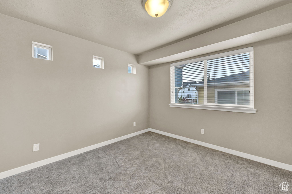 Spare room featuring carpet and a textured ceiling