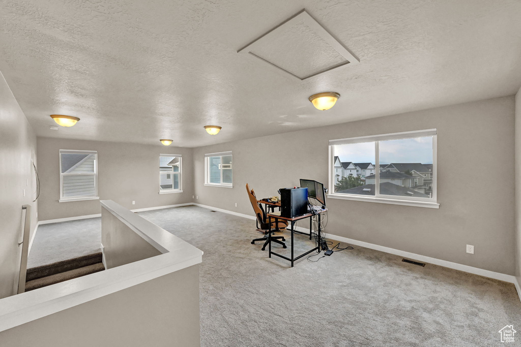 Home office featuring a textured ceiling and light colored carpet