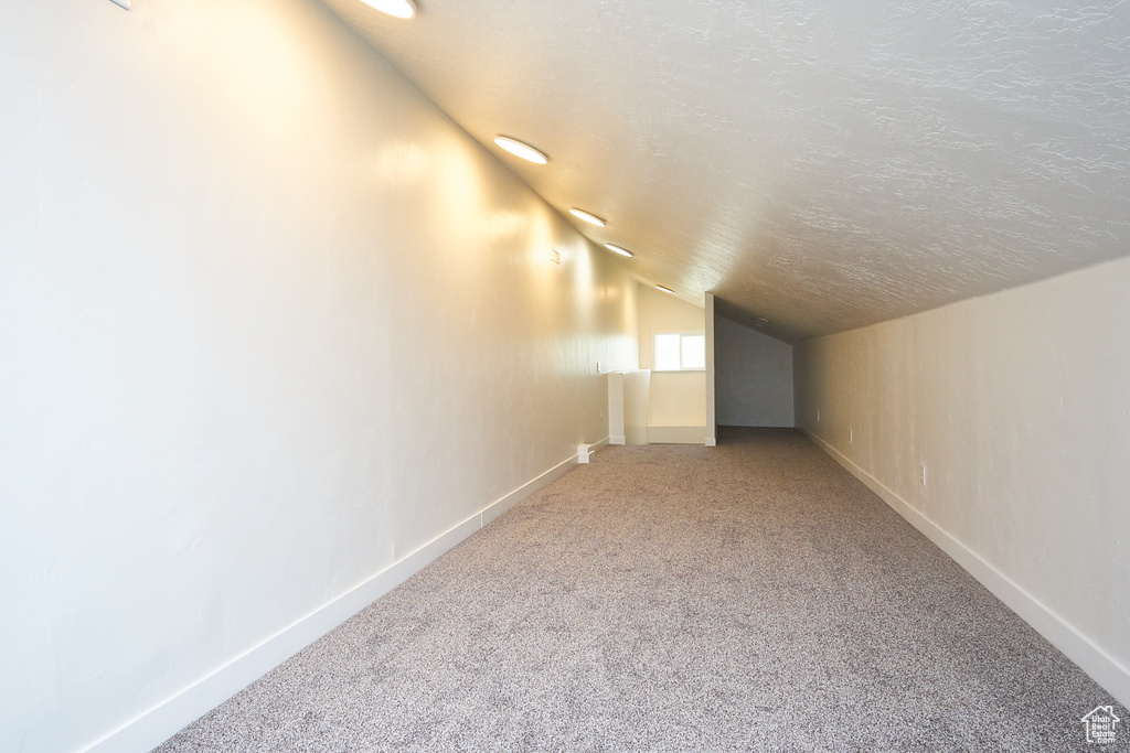 Additional living space with lofted ceiling, carpet, and a textured ceiling