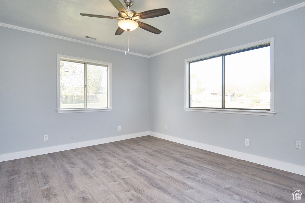 Spare room with wood-type flooring, ceiling fan, plenty of natural light, and crown molding