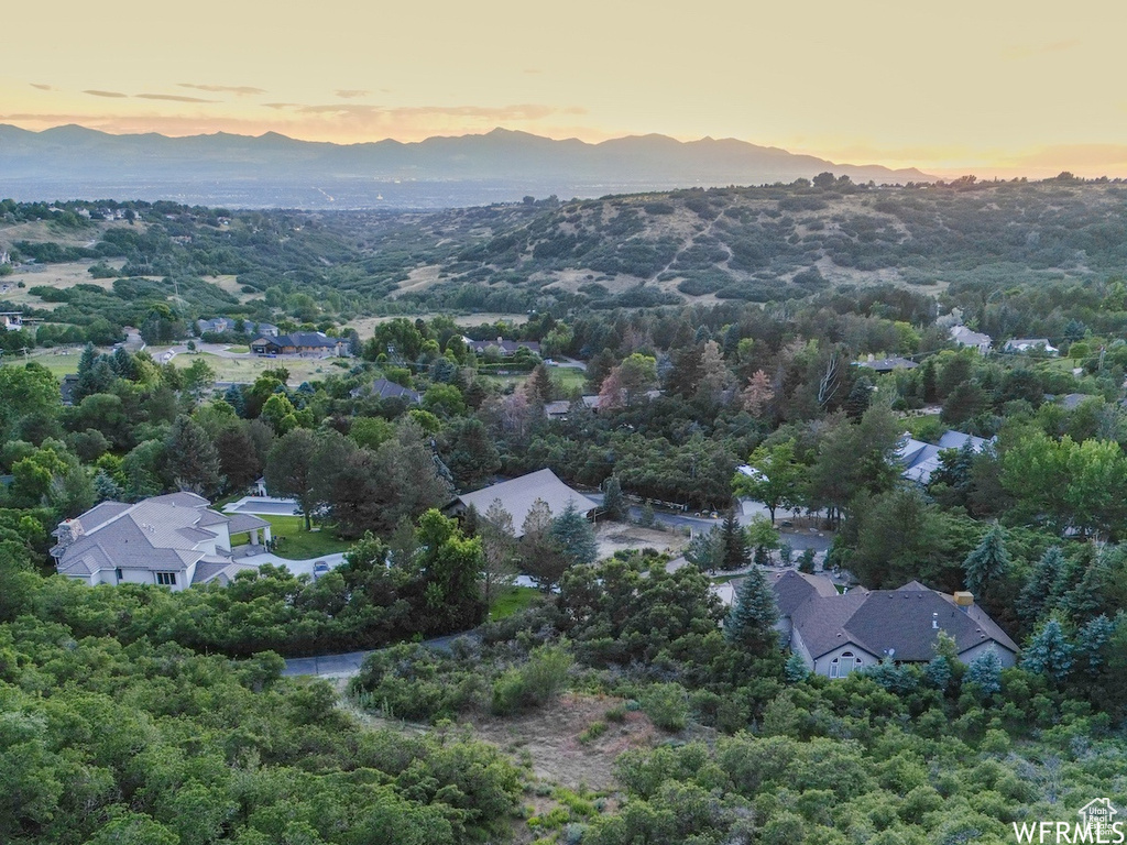 Aerial view at dusk with a mountain view