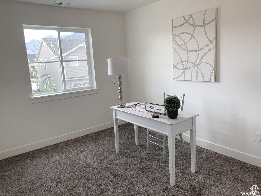 Home office with dark colored carpet