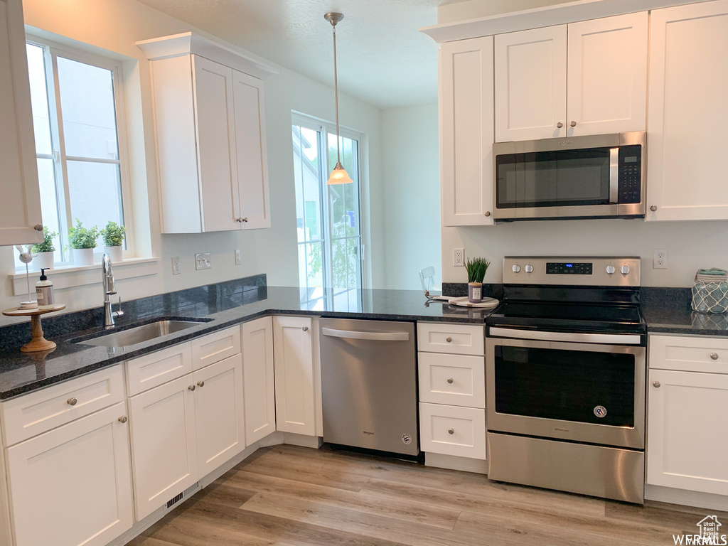 Kitchen featuring appliances with stainless steel finishes, decorative light fixtures, a wealth of natural light, and sink