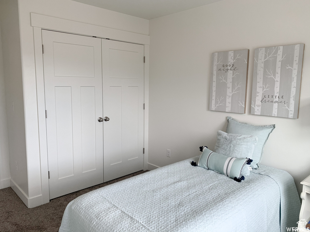 Carpeted bedroom with a closet