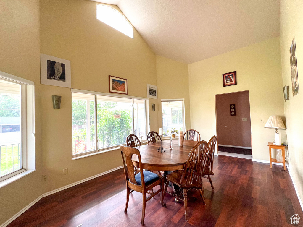 Dining area featuring high vaulted ceiling and dark wood-type flooring