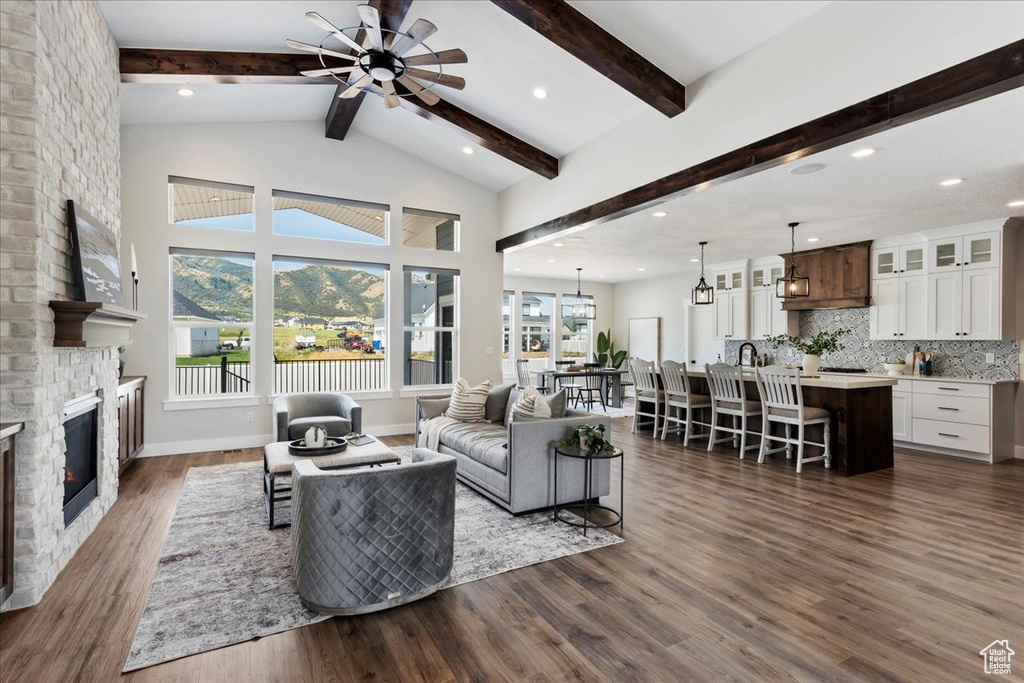 Living room with a stone fireplace, a healthy amount of sunlight, dark hardwood / wood-style flooring, and ceiling fan