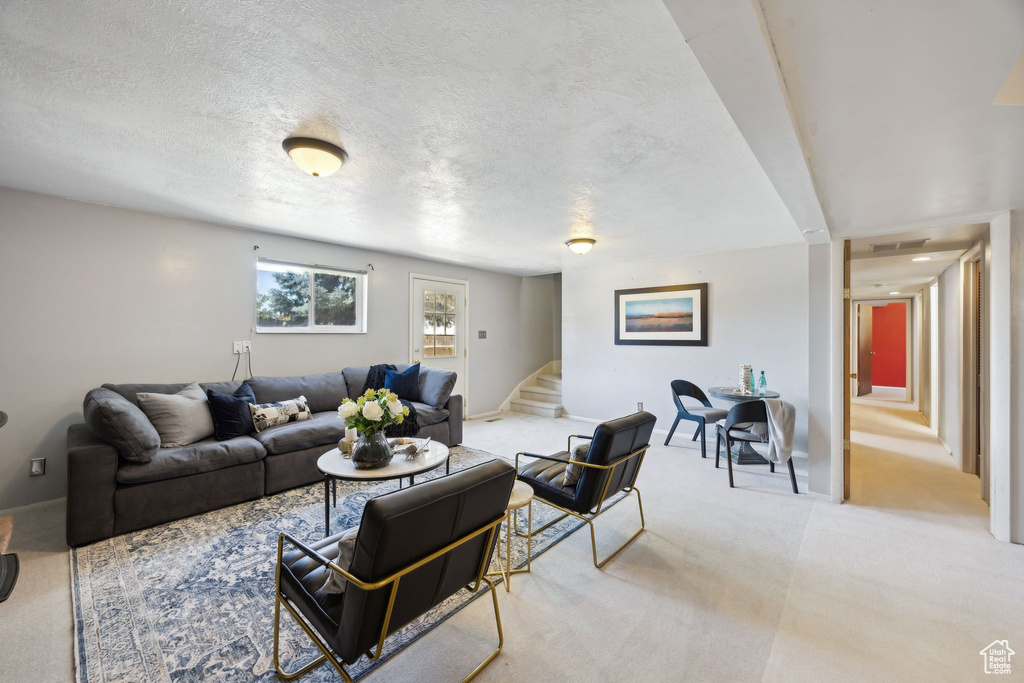 Carpeted living room featuring a textured ceiling