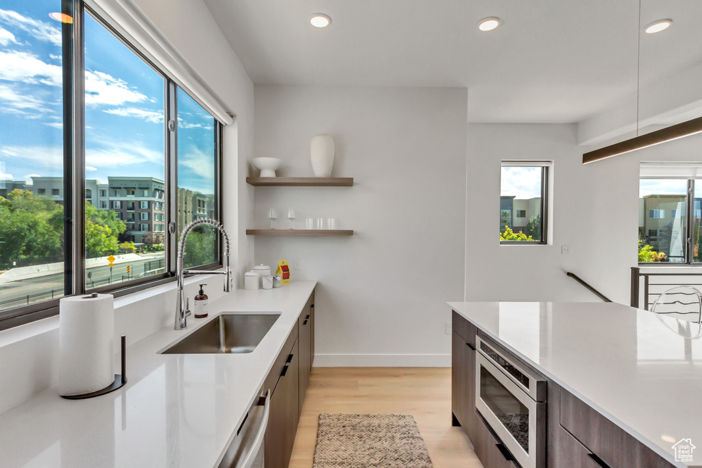 Kitchen featuring appliances with stainless steel finishes, sink, light wood-type flooring, and dark brown cabinetry