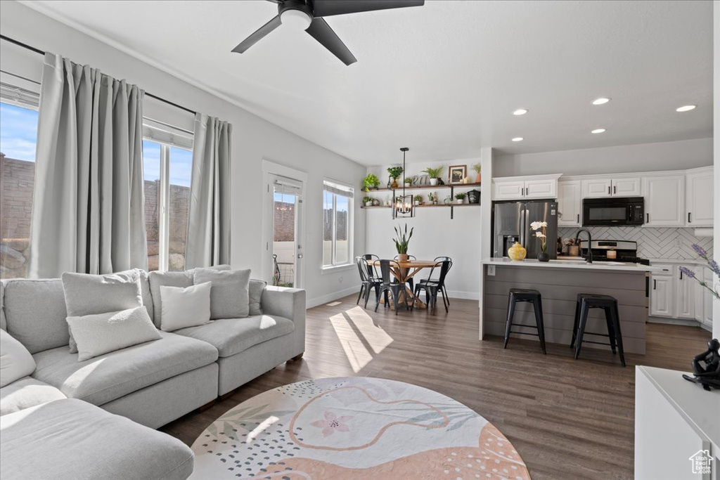 Living room with sink, ceiling fan, and dark hardwood / wood-style floors