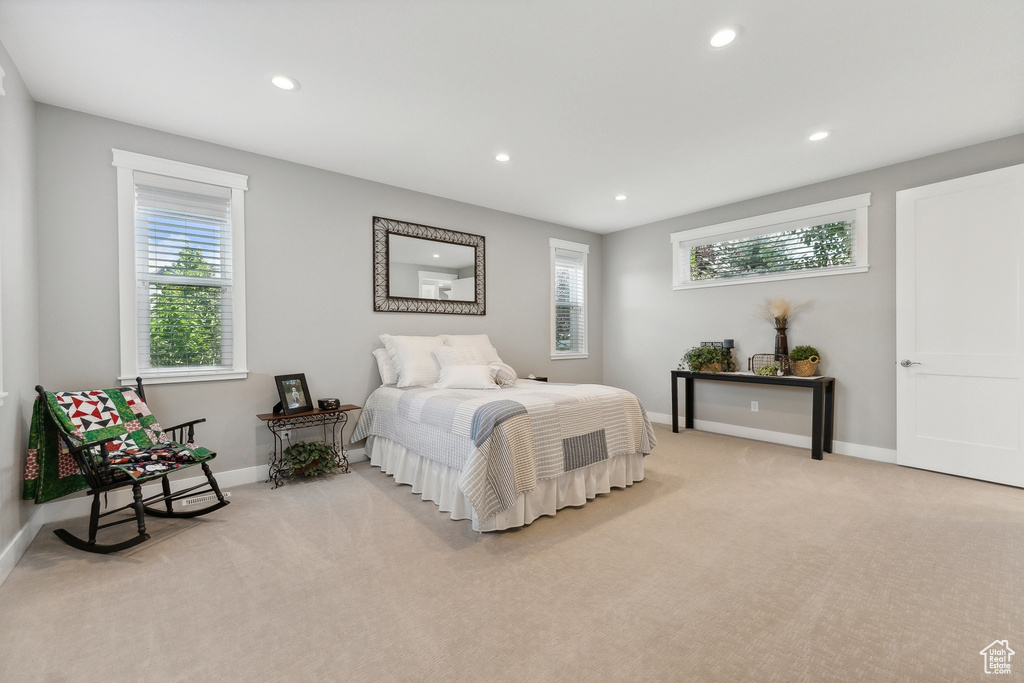 Bedroom with light carpet