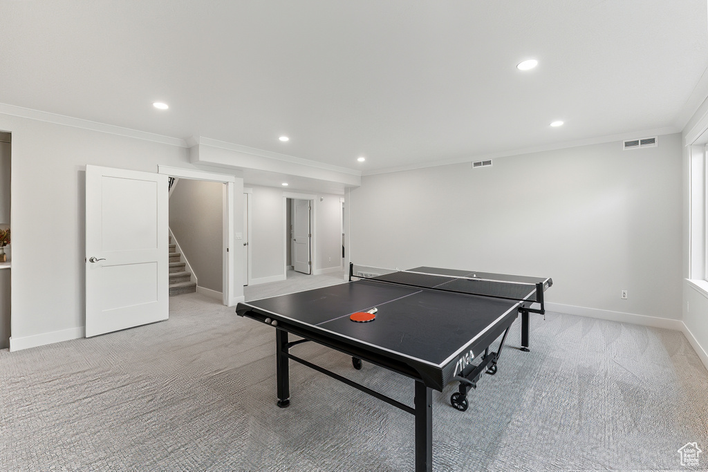 Recreation room with light carpet and ornamental molding