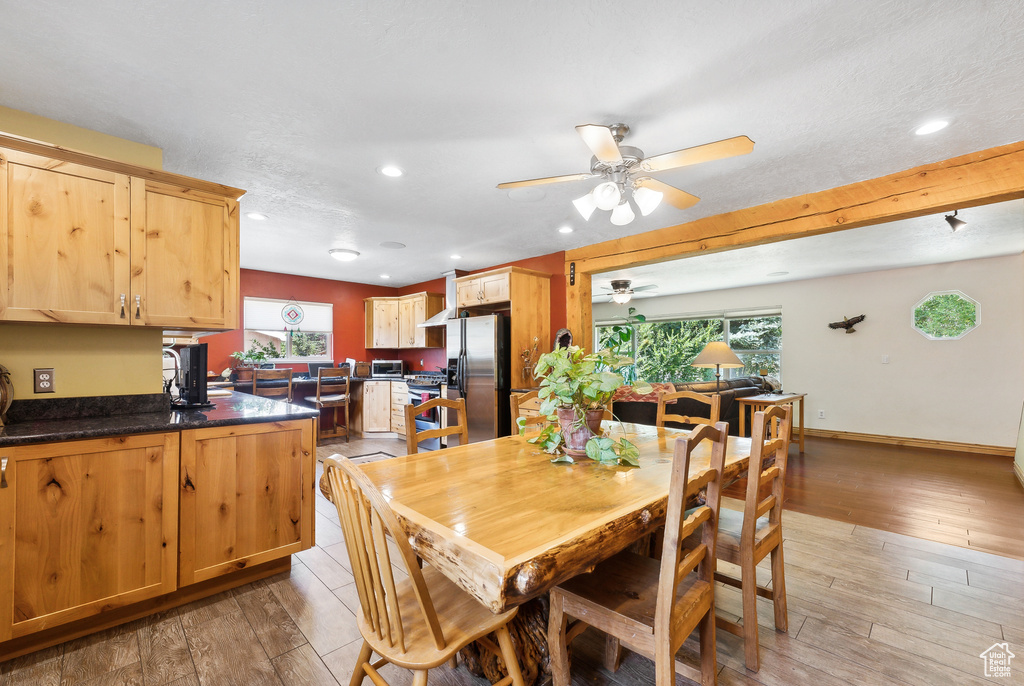 Dining space featuring plenty of natural light, ceiling fan, and hardwood / wood-style floors