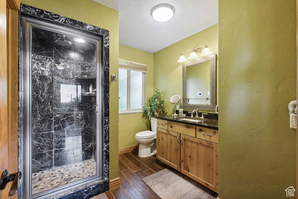 Bathroom with a shower with shower door, vanity, hardwood / wood-style flooring, and toilet