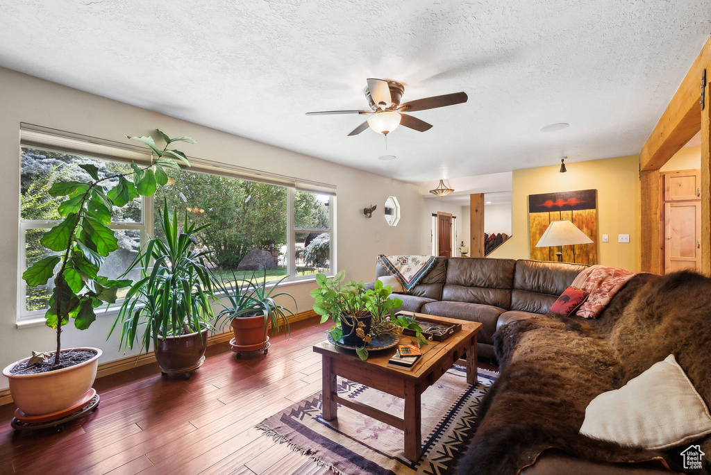 Living room with a textured ceiling, ceiling fan, and wood-type flooring