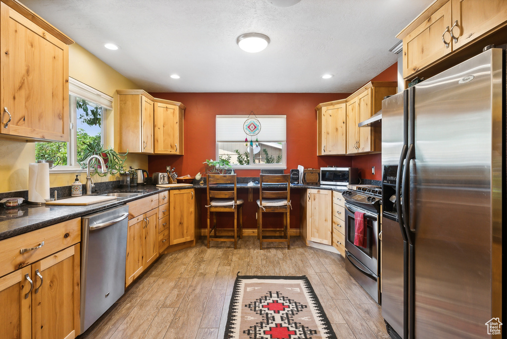 Kitchen with appliances with stainless steel finishes, light hardwood / wood-style flooring, and light brown cabinets