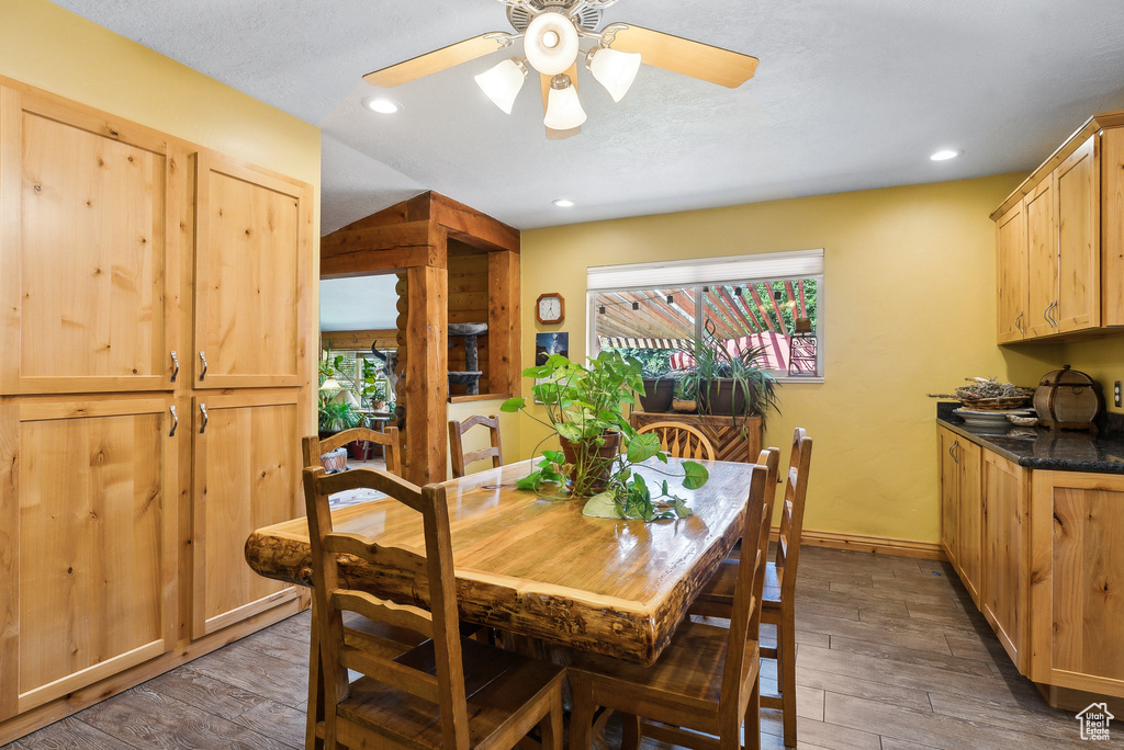 Dining room featuring plenty of natural light, dark hardwood / wood-style flooring, and ceiling fan