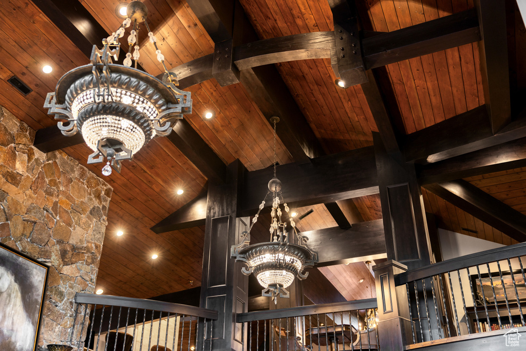 Interior details with beamed ceiling, a notable chandelier, and wood ceiling