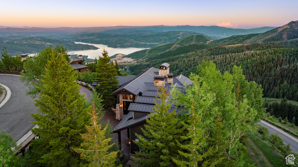 Aerial view at dusk with a mountain view