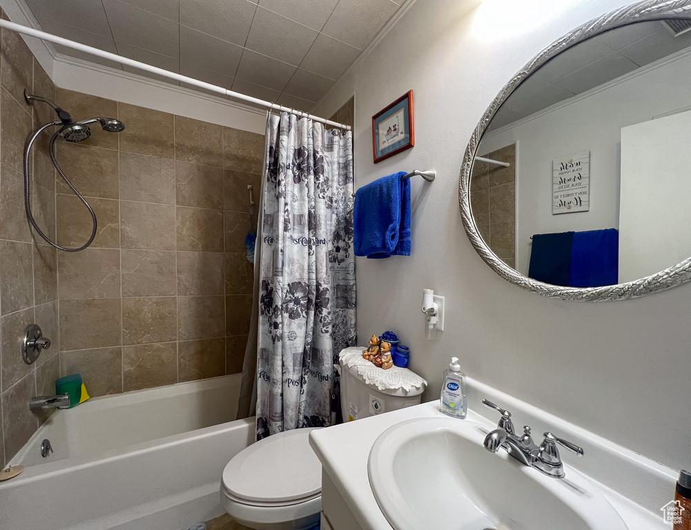 Full bathroom with sink, ornamental molding, toilet, and shower / tub combo with curtain