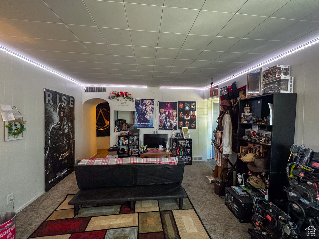 Living room with carpet floors