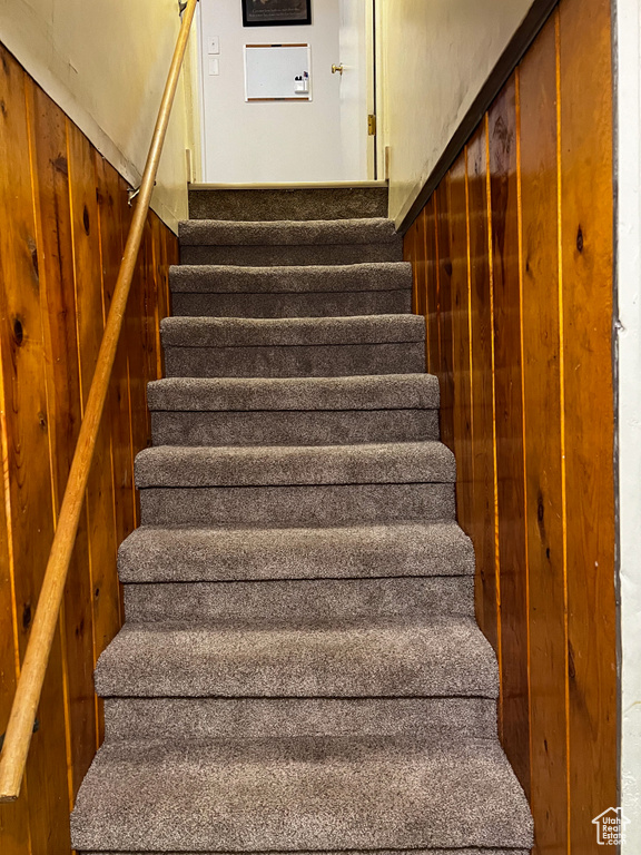 Stairs featuring wood walls