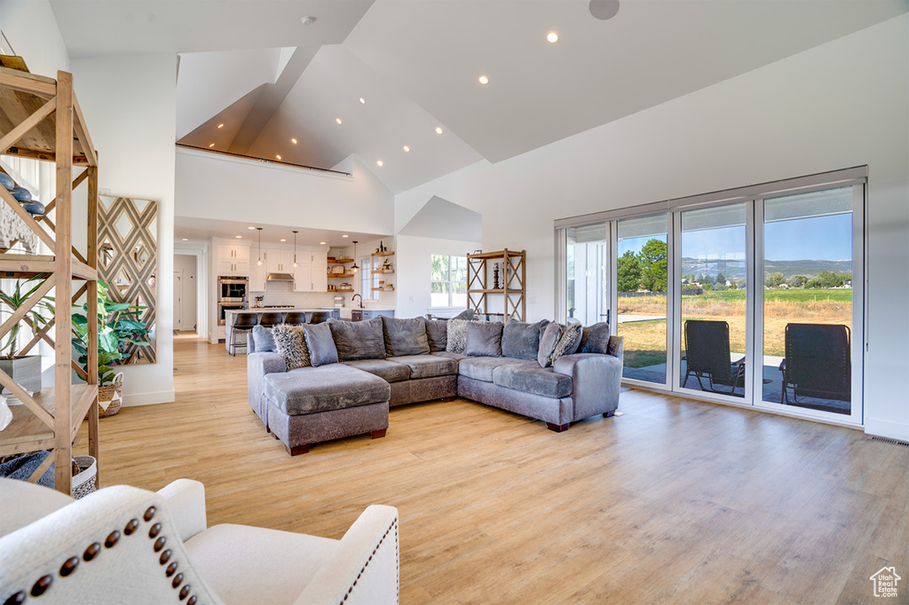 Living room featuring high vaulted ceiling and light wood-type flooring