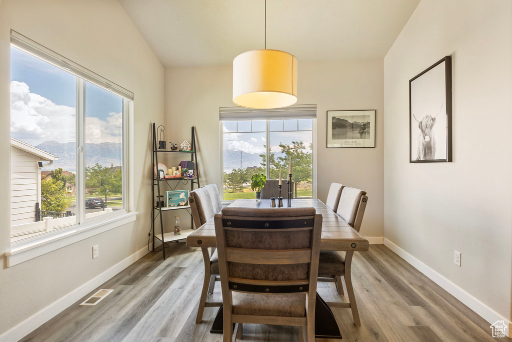 Dining area featuring a mountain view, a healthy amount of sunlight, and hardwood / wood-style flooring