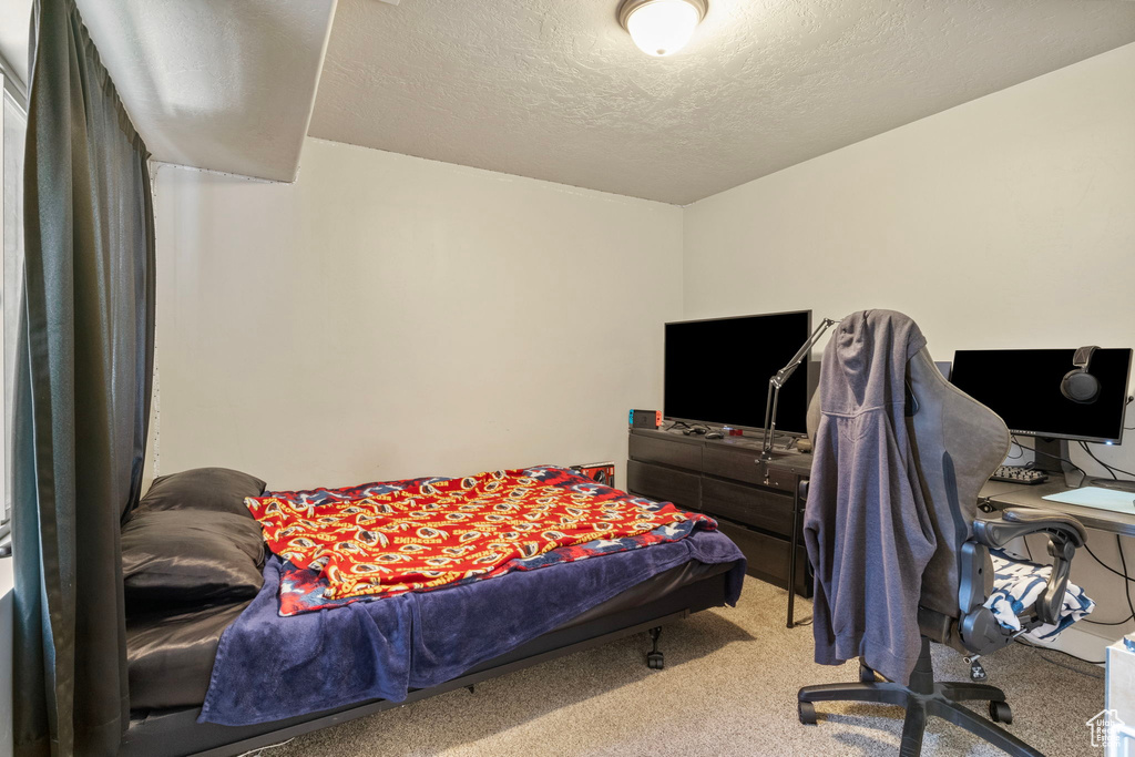 Bedroom featuring carpet flooring and a textured ceiling