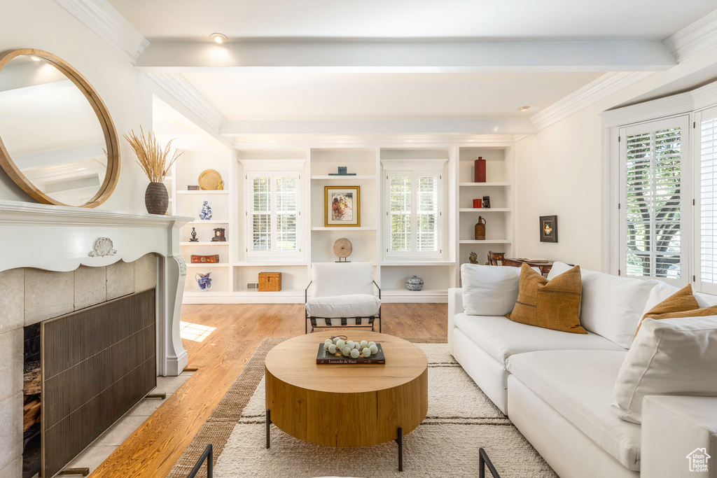 Living room with a fireplace, light wood-type flooring, a wealth of natural light, and ornamental molding